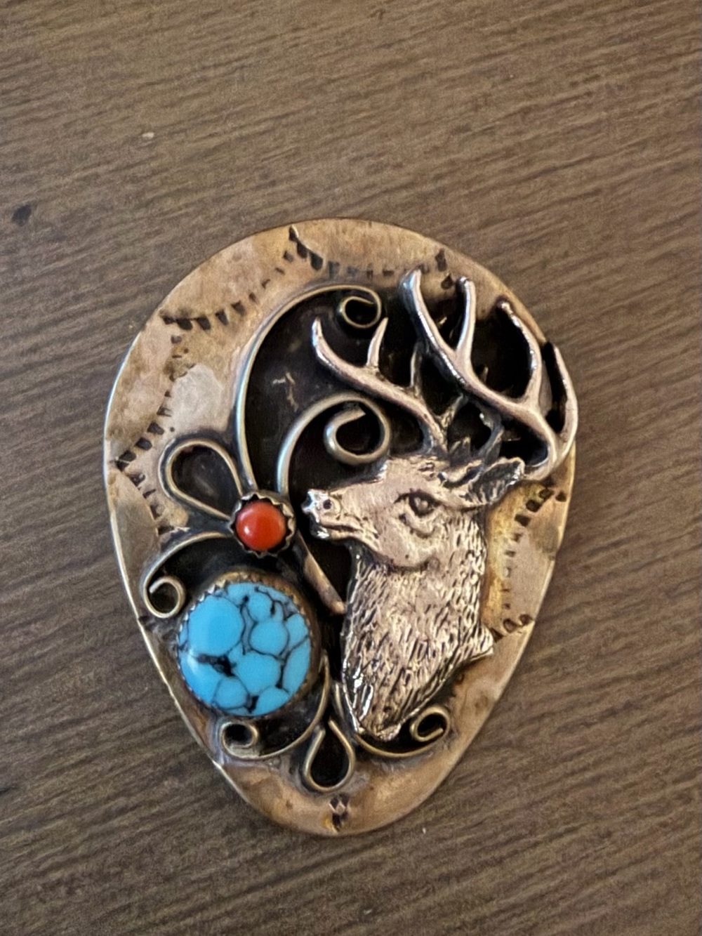 Vintage silver elk bolo slide with turquoise